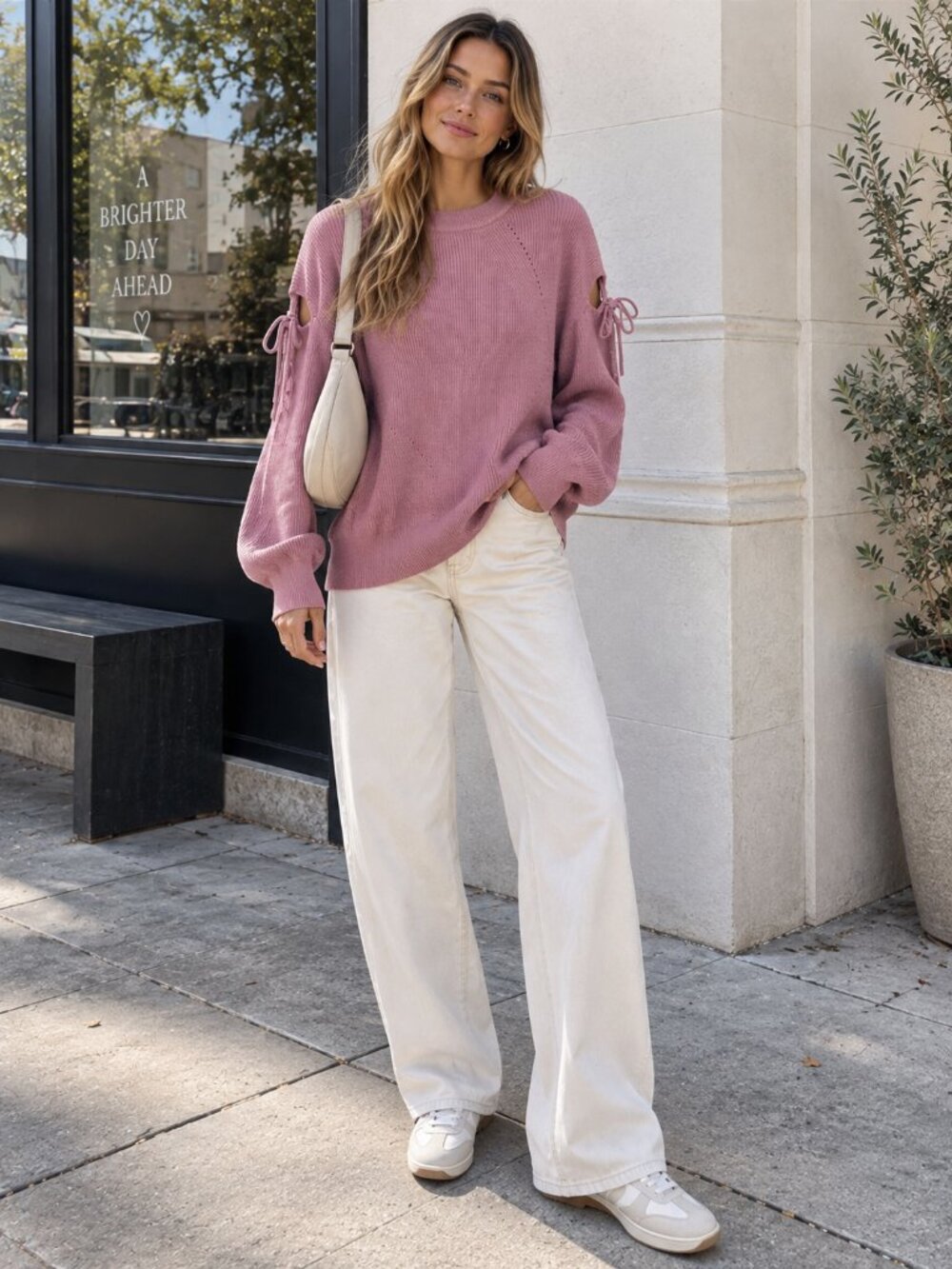Miss Sparkling Mauve Pink Bow Sleeve Knit Sweater Cutout Tie Detail Pullover Top